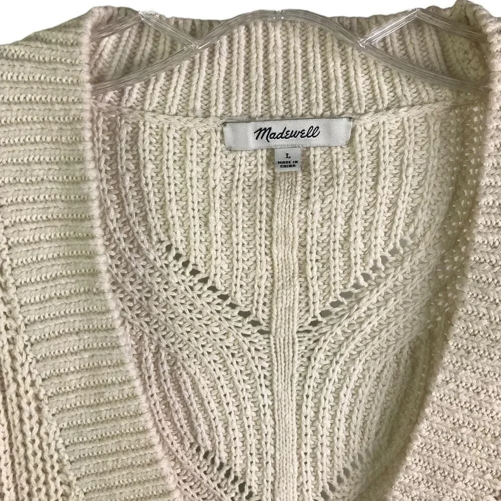 Madewell Cardigan Sweater Womens L Beige‎ Cable Knit Button Front Cotton Cozy